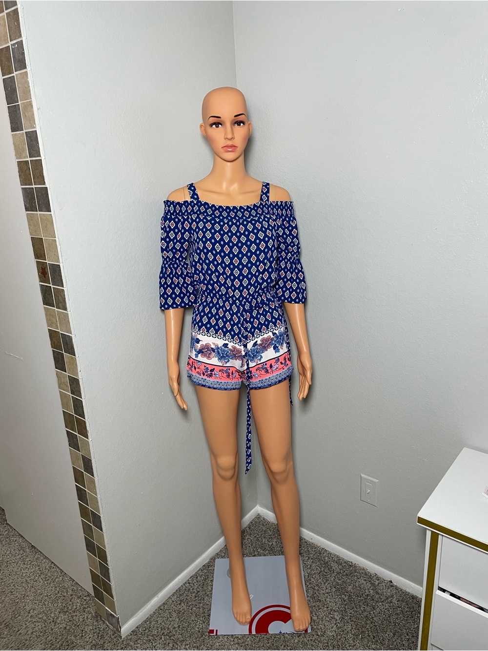 Blue Printed Off-Shoulder Romper with Straps